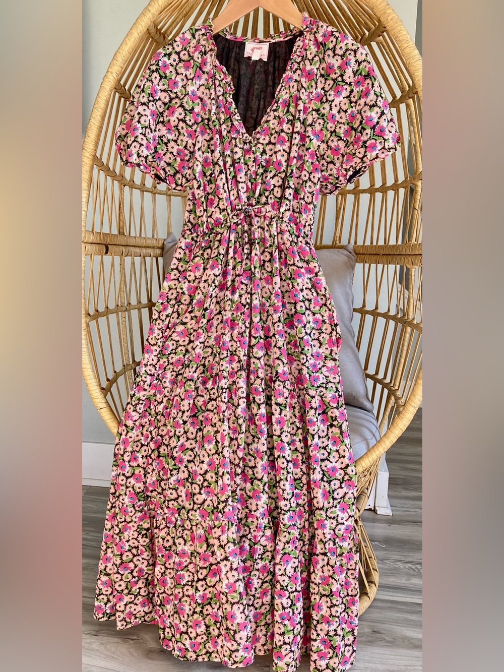 🌺 Banjanan Poppy Maxi Dress XL Black Pink Floral Puff Sleeve Tiered